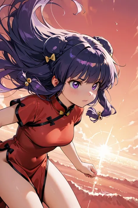 A  highly detailed  and alta resolución image of "Shampoo" [de ranma 1/2];  Chinese girl with long purple hair and twin bows; beautiful,sexual chair ornament; a ((red)) Chinese qipao (cheongsam) (Long shirt ) dress,  purple eyes; a red colored Chinese wedd...