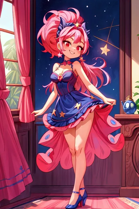 (masterpiece, best quality) standing, indoor, intricate detail, sunlight, dark blue navi frill dress, red heels, pink hair with a high ponytail, smile face, red eyes, cute stars diadema, smiley and sexy expression, sexy pose, coquette, gorgeous legs, matur...