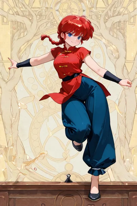 (Alone:1.3), a girl\(ranma,   the main character of the anime  \(ranma1/2\), beautiful,sexy, Braided   red hair face, Ojos rojos,    Chinese red clothing   ,   smiling,  ranma saotome , Braid,   red hair face, single Braid, Braided ponytail, Ojos rojos, pa...