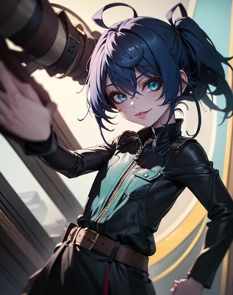 1girl, little brat, cute, punk, gothic, blonde hair, short hair, asymmetrical bangs, sidelocks, twintails, two side up, blue hair streaks, perfect face, eyeslashes, eyeliner, light blue eyes, detailed eyes, aviator sunglasses, sunglasses on head, belt chok...