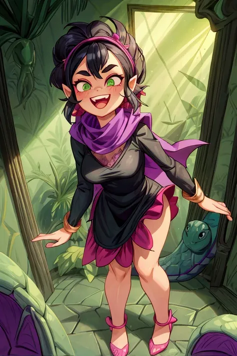 (Masterpiece, best quality), 1 girl, black hair, reptile eyes, standing indoors with intricate details and sunlight, black frilled dress with short neckline, brow heels, purple cape, pink scarf, green skin, sexy pose, crazy smile, crazy laugh showing teeth...