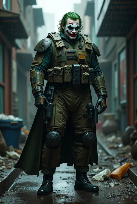 ((( body masterpiece, DC Comics, The Joker is the Dark Knight ))), street alley, garbage, rain, Future soldier, aggressive, Mentally ill, big, deranged , very strong,  Visions, (( Captain America Vision Future Soldier ,  Wearing super-realistic military un...