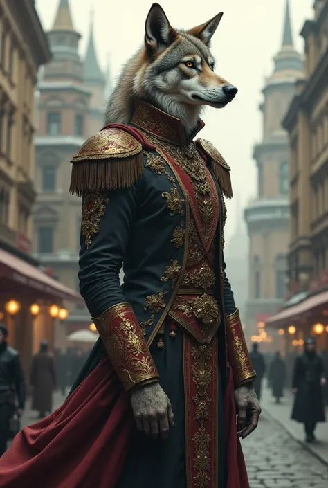 a humanized wolf in the russian empire city, on the street, artwork in the style of guweiz, inspired by Andrei Ryabushkin, andrei riabovitchevy, andrei ryabovichev, by Andrei Ryabushkin, inspired by andrey ryabovichev