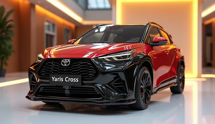 create an ultra-detailed 3D render straight front view , of a modern 2025 Toyota Yaris Cross  with a bold design captured from straight front view. The car should feature a 'Gleamy shiny black and red mixup  ' color with a 'brand'   ' logo on its front, a ...