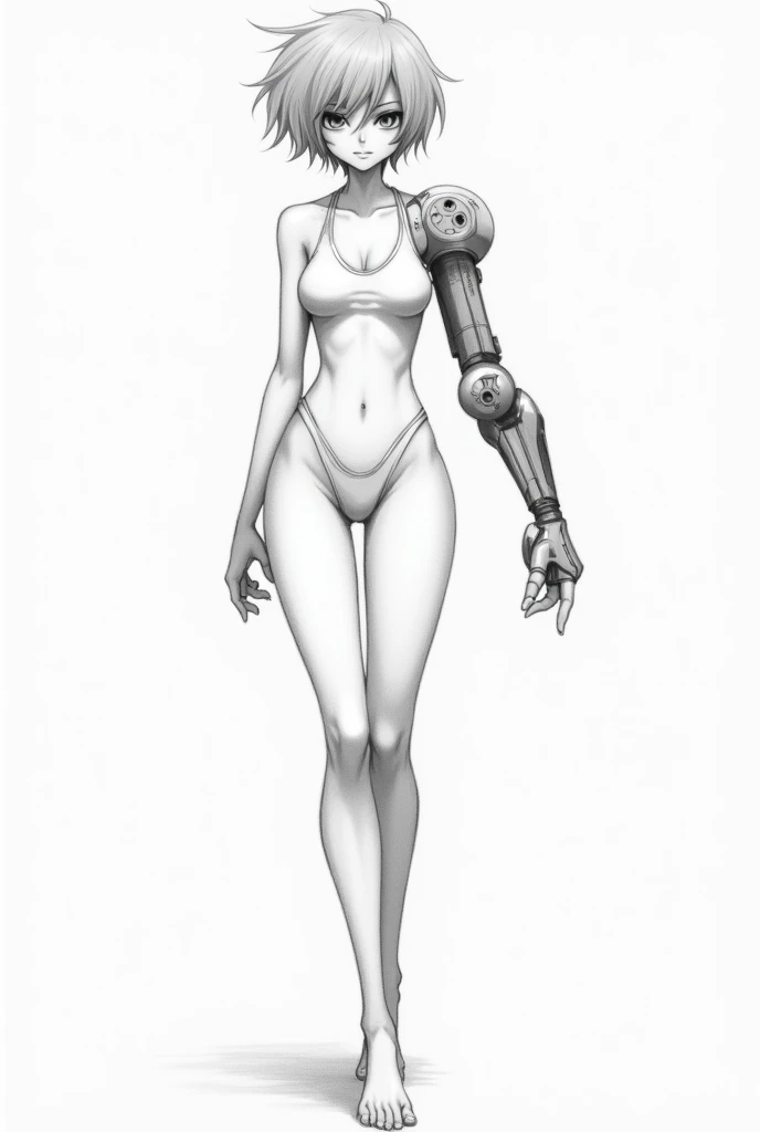  Drawing of a cyberpunk girl in pencil without filling,  full body, hair, , robotic arm or leg,  tiny swimsuit ,  coloring drawing , simple,  Anime style, in a hurry 