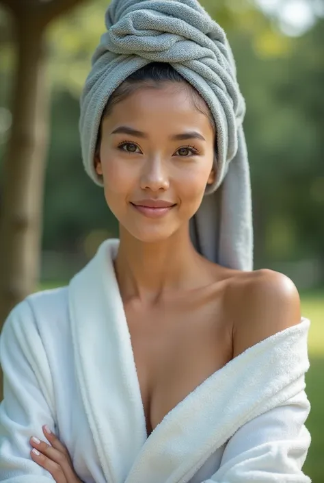 Extremely photorealistic beautiful youthful looking gray haired Filipino version of Ariana Grande a sexy beautiful youthful looking Asian as a 50 years old wom an supermodel her comple tely gray hair is wrap in a towel on head her a mature yet youthful app...