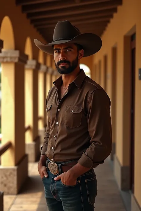 arafed man in a cowboy hat and brown shirt standing in a hallway,  a portrait inspired by Germán Londoño , pexels, realism, mexican cowboy, cowboy style, symmetry!! portrait of a cowboy, andres rios, wearing a cowboy hat, 🤠 using a 🖥, portrait of a cowboy,...