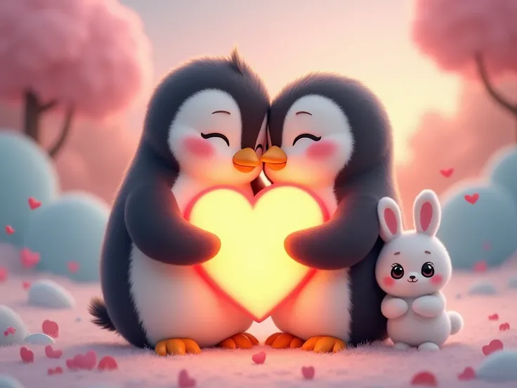 Photo of penguin hugging heart with cute cartoon rabbit 