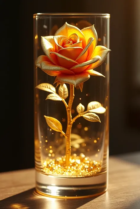 Carved gold rose in glass container 