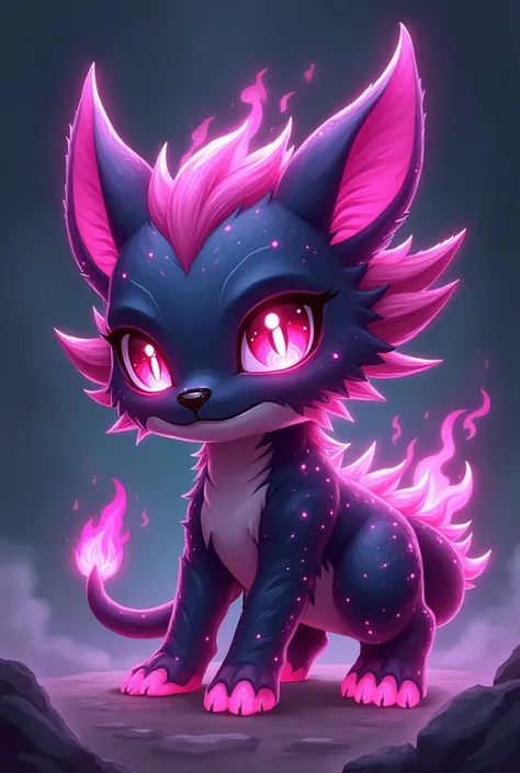 Chibi, Big creature animal like made of purple energies and flames (6 feet long), she has four legs, she has a long tail and the tip is sharp, glowing crimson purple eyes, creatures body is agile, dark skin and covered with glowing runes which pulse, agile...