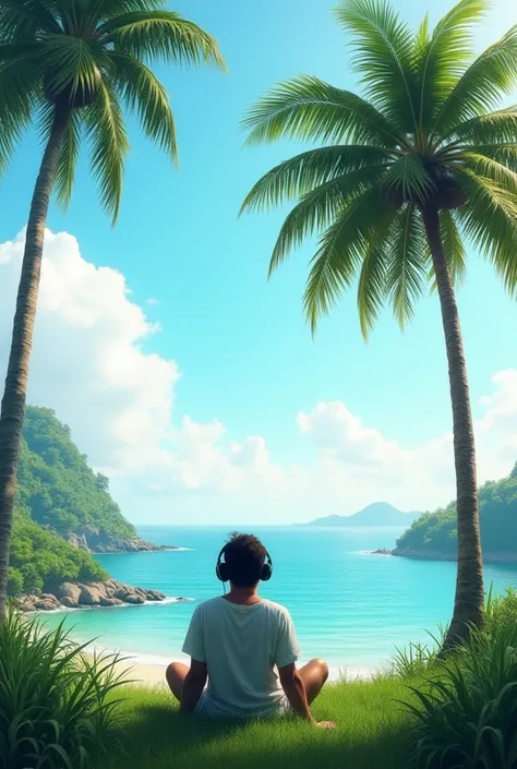 A place 10 feet in front of the sea where I am sitting is on top of a hill nature nature scene right coconut tree left coconut tree surrounded by green grass I am listening to music with headphones in my ears.