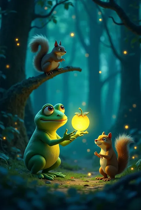 Froggy holding a glowing berry while the squirrel watches with approval. The background shows the glowing forest with mysterious shadows.