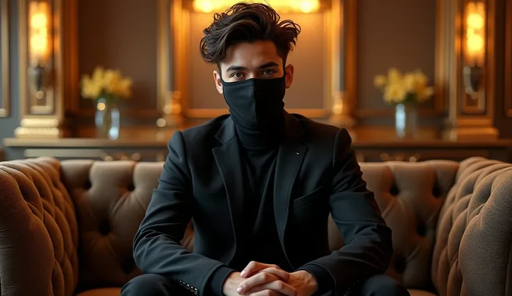 A 17-year-old boy sitting on a luxurious sofa, wearing a black jacket and a mask. The background features an opulent setting with expensive decor, gold accents, and a sense of wealth. The boy looks confident and stylish, embodying a modern, wealthy vibe. T...