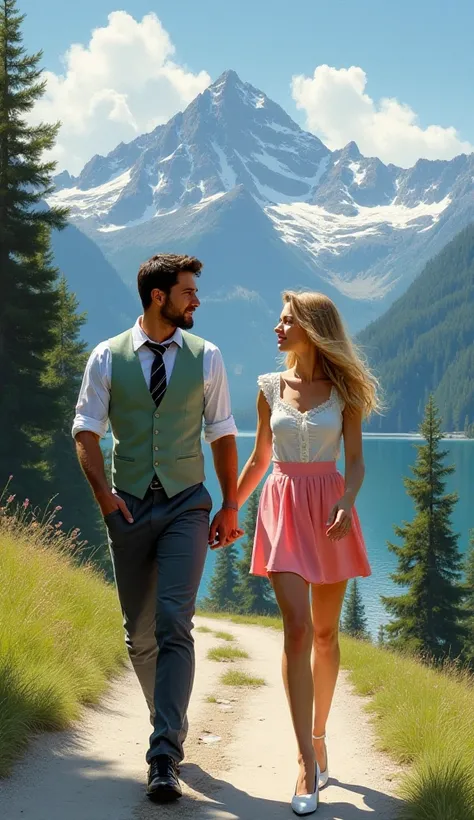 (((masterpiece, best quality, oil painting style. Background: midday sky, high snow-capped mountains, coniferous forest, distant lake.
(((1: Italian man (Andrea Bruno, aka Super Luminous), facing front, walking, (tall), attractive, very handsome, (23 years...