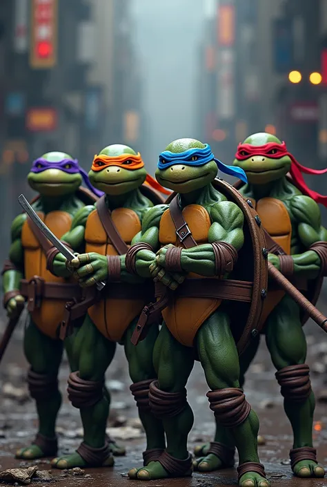 Four heroic brothers, the Teenage Mutant Ninja Turtles, stand united, waiting to strike, wearing their  iconic masks - Leonardo's blue, Donatello's purple, Raphael's red, and Michelangelo's nunchucks orange - burst with vibrant, rich hues, popping against ...