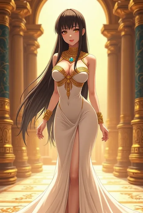 ( maximum quality,  best quality,  official art ,  full body,  beautiful and aesthetic :1.2) 1 anime girl, alone,  fair skin ,  black hair,  long straight hair ,  golden eyes,  elegant long white dress with gold details, in an Egyptian palace ,  big boobs.