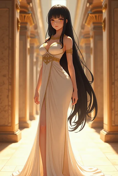 ( maximum quality,  best quality,  official art ,  full body,  beautiful and aesthetic :1.2) 1 anime girl, alone,  fair skin ,  black hair,  long straight hair ,  golden eyes,  elegant long white dress with gold details, in an Egyptian palace ,  big boobs.