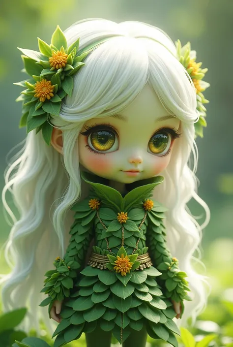 Chibi, 1girl had a graceful, almost ethereal presence. Her skin was green. Her eyes, large and almond-shaped, glowed like molten gold, framed by long lashes that brushed her cheeks when she blinked. Her hair, a cascade of silvery white, was adorned with ti...