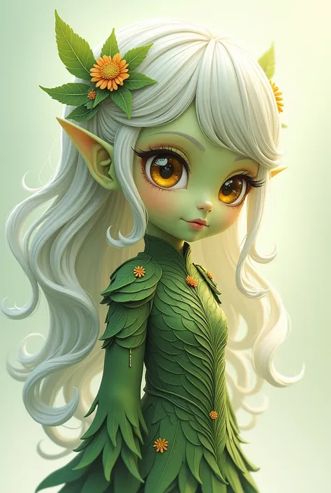 Chibi, 1girl had a graceful, almost ethereal presence. Her skin was green. Her eyes, large and almond-shaped, glowed like molten gold, framed by long lashes that brushed her cheeks when she blinked. Her hair, a cascade of silvery white, was adorned with ti...