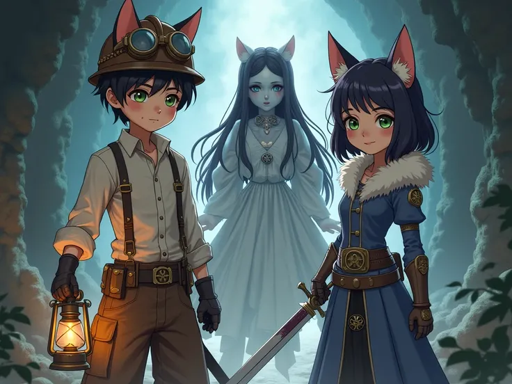  Anime fantasy characters .  Character 1 brother \guy with cat ears, black short hair,  with green eyes ,  in a fantasy dirty white miner's shirt ,  in a leather helmet with steampunk safety glasses ,  in brown wide pants with patches on suspenders , weari...