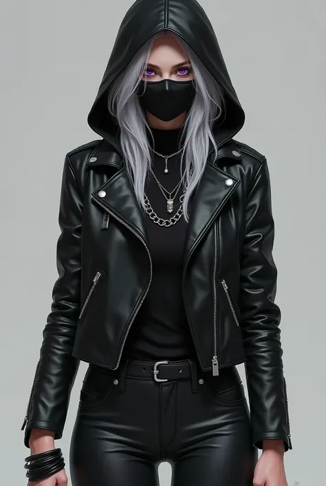 Wwyx has silver hair that falls loosely beneath the hood of her black leather jacket. She wears a dark hood that obscures her face, leaving her identity mysterious and ambiguous. Her purple eyes are the only visible feature through a thin mask that covers ...