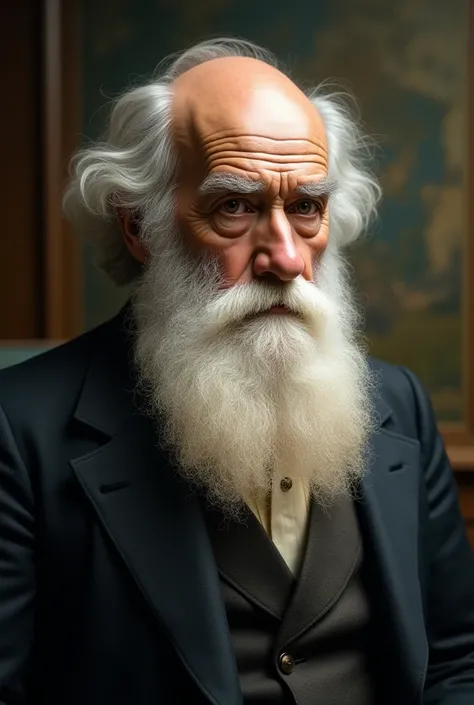 Create an ultra-realistic, lifelike portrait of Charles Darwin, focusing on his distinctive physical features and his aura as a renowned naturalist. He should have a full, white beard, neatly groomed, and his hair should be slightly disheveled, reflecting ...