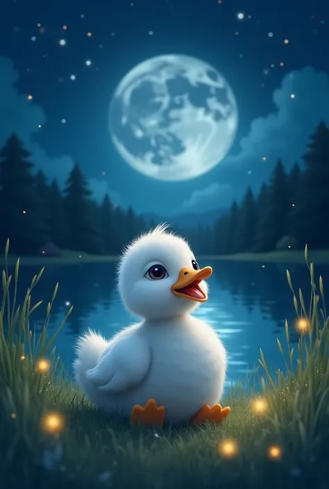 "A beautiful moonlit night scene. A small, fluffy white duckling named 'Chuncho' sits on the soft grass near a calm lake. His big, shiny eyes are filled with longing as he gazes at the bright moon and twinkling stars. A cool breeze gently sways the tall gr...