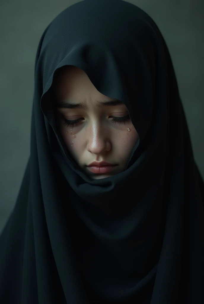 Here is the image of a girl in a niqab, with teary eyes conveying deep sadness. Let me know if you'd like any changes or additional details.

