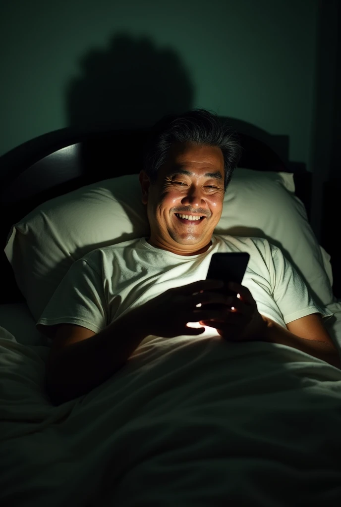 Antônio Pimba Curta ,  a 50-year-old Asian man ,  with black and predominantly gray hair ,  wears a simple t-shirt and pajama pants .  he is lying in bed ,  with an expression of disinterest ,  smiling slightly as you look at the cell phone .  His skin has...