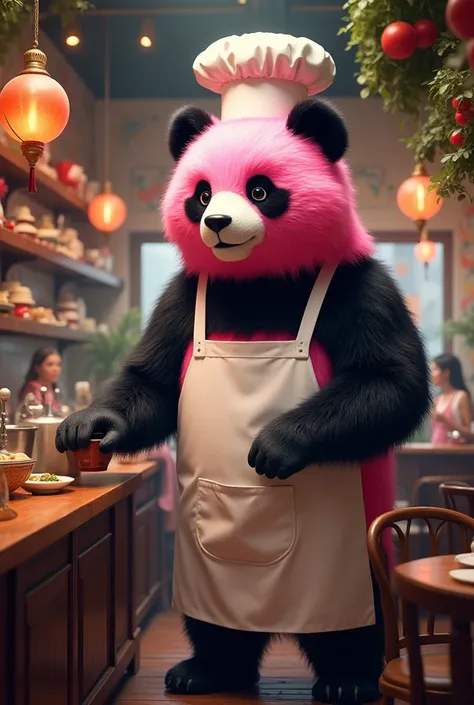 Pink giant panda working in a food restaurant