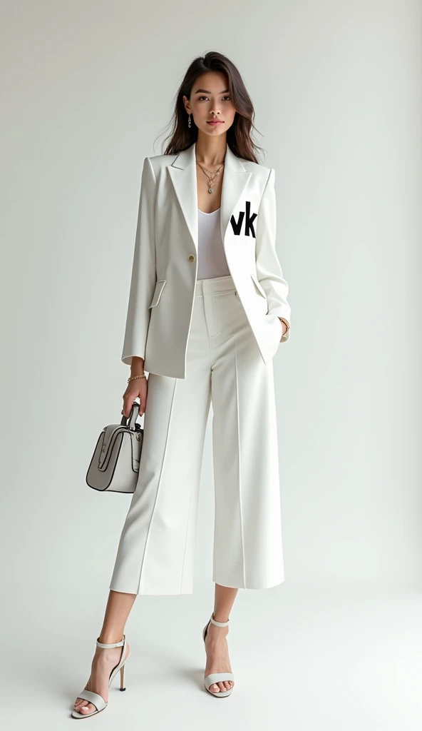 Create a very fashionable white woman's outfit with the VK logo 