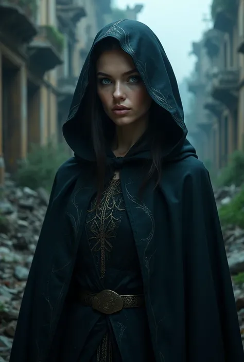 A very beautiful beautiful woman with blue eyes in a dark cape in an abandoned city 