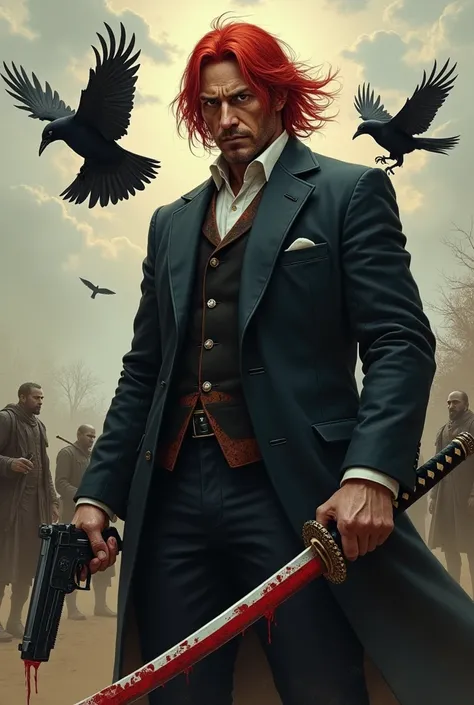 (Photorealism :1.2),  A firm and dignified face , sturdy body with red hair ,  a gun in one hand ,  blood on a Japanese samurai sword in the other hand, crows behind him ,  dead people in the background .