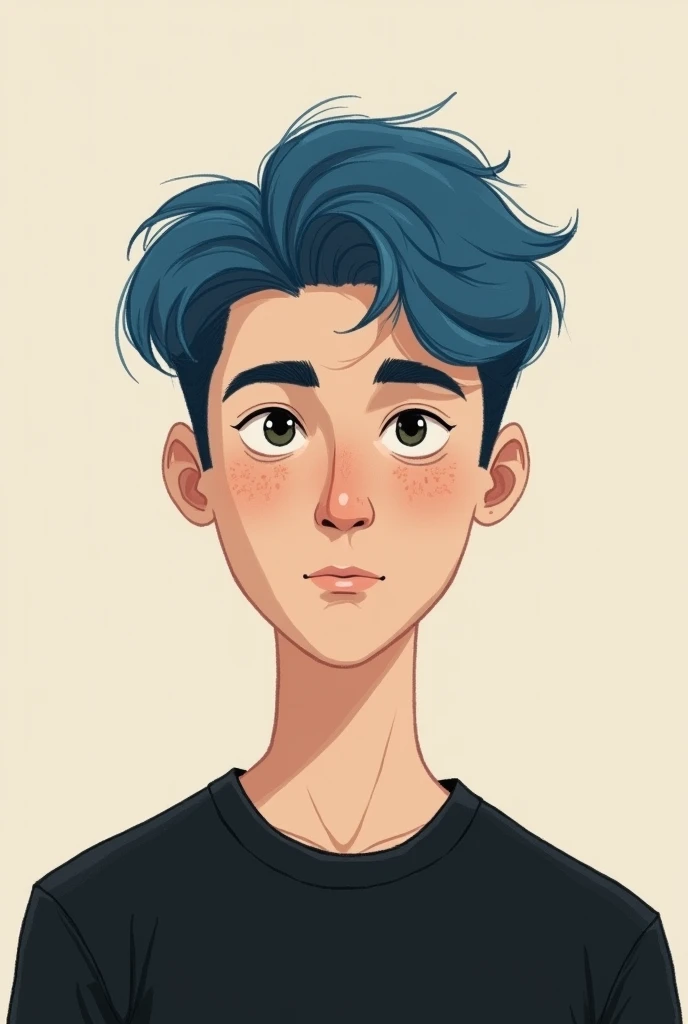 simple drawing of a young man with blue hair,  Dark eyes, fair skin and freckles.  wearing a black sweatshirt 