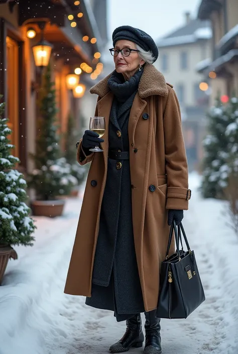 Please create a series of hyper-realistic images of an old wealthy and elegant French woman who spends a weekend in a small mountain village in France taking walks in the snow, cene a base di champagne e raclette, serate al casinò e shopping 