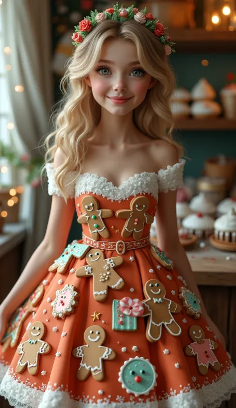  wearing a dress with cookies decorated in a gingerbread shape