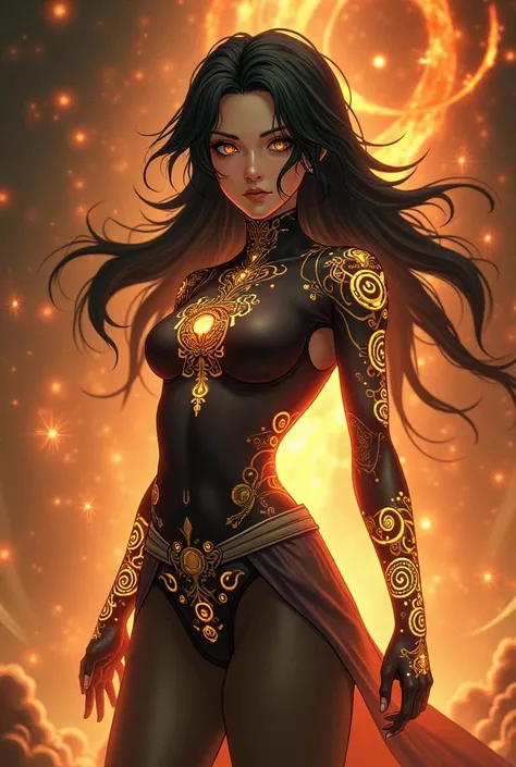 Inspired by Hayao Miyazaki, anime, steampunk style, black hair adorned with elaborate pulsating ancient glyphs on her arms and body, she is surrounded by the orange energy of the universe.