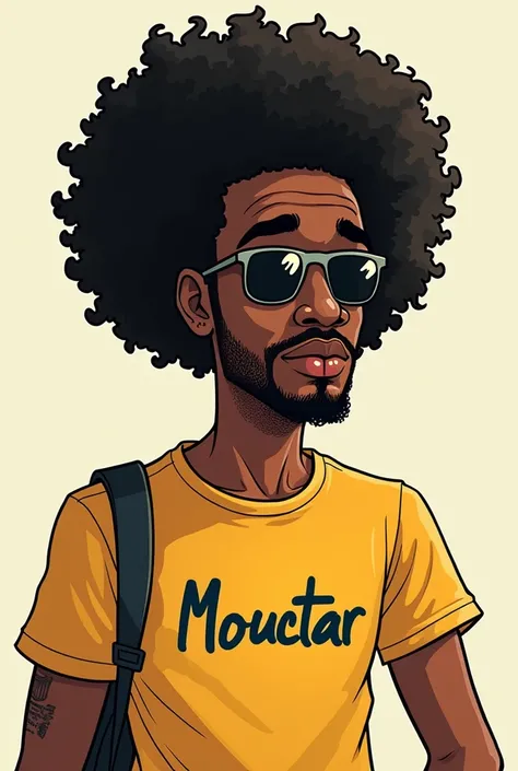 Dessine un homme d’origine Guinéen Sénégalais dans un style cartoon il auras un t-shirt du nom de Mouctar en gros et en évidence dans un milieu urbain il portera des lunettes de soleil  pour faire classe mais à la fois ridicule et il auras un afro une très...