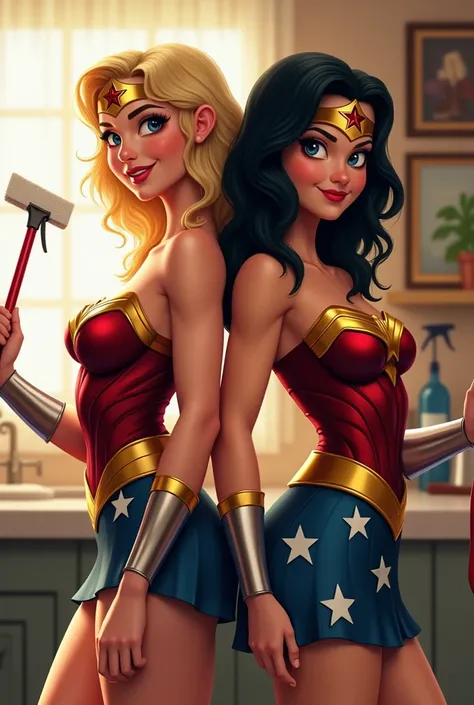 2 supergirls cleaning one with blonde curly medium hair and other girl with black short hair one back to back and with some cleaning stuffs in our hands and have more cloths on us like wonder woman