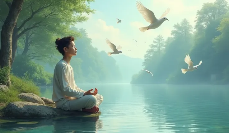 A  meditating by a calm lake with doves flying above.