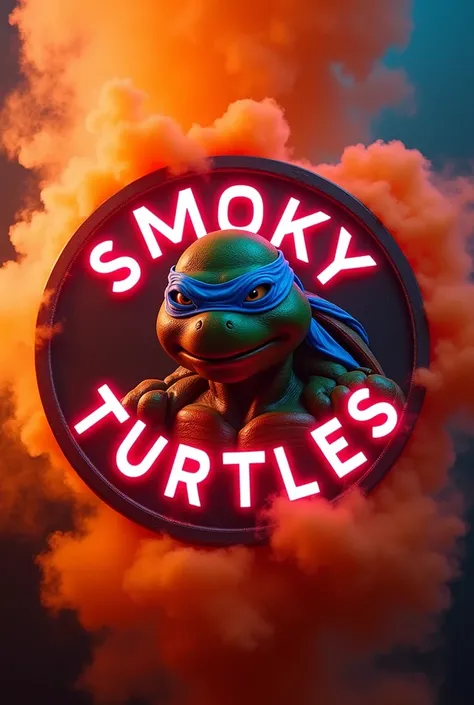 Round monogram with one ninja turtle
with the words "Smoky Turtles" in neon style, red and blue color with orange thick smoke on the background