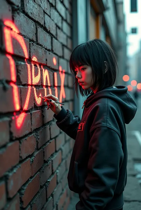 A vandal girl writes the name DENIX on a brick wall 