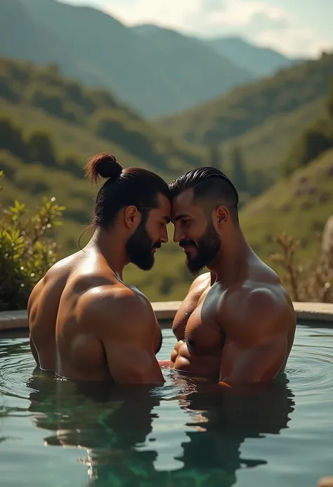 a handsome beefy muscular Mongolian man, muscular Mongolian man, two muscular Mongolian men, homoerotic atmosphere, beautiful detailed body, beautiful face, detailed facial features, hot spring, serene landscape, natural lighting, hyper realistic, 8k, high...