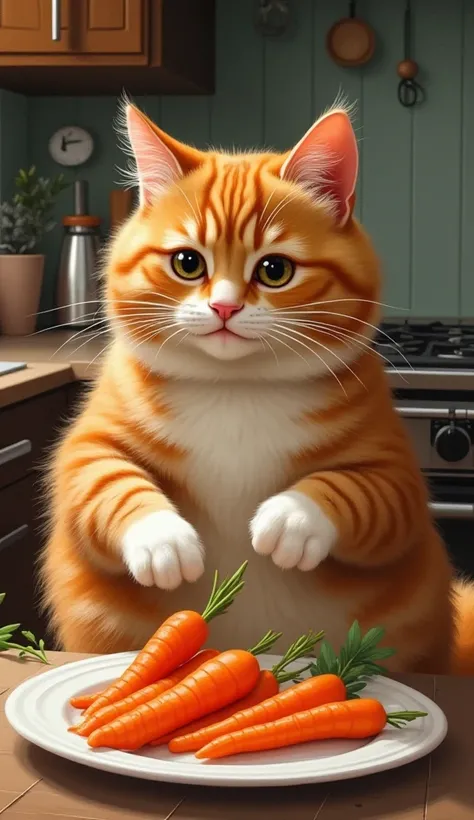 4. Chonky ginger cat arranging carrots on a plate: A lifelike painting of an adorable fat orange cat with white paws plating carrots in an artistic way, as though preparing a gourmet dish. The scene is vibrant, with intricate details in the kitchen surroun...