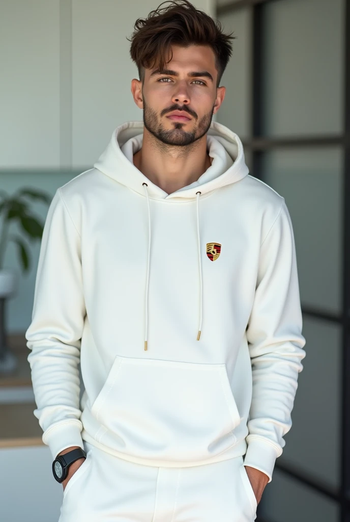 Male, short stubble beard, tall, muscular, white Porsche hoodie, white jogger pants, healthy hair, dark brown hair, light brown eyes,k shami hair, teenager, sexy, cute