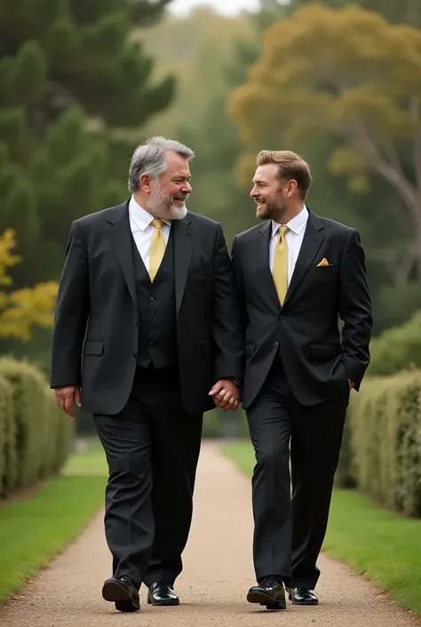 Handsome Japanese man in his 40s, Tall and corpulent, with short gray beard , dressed in a black three-piece suit,  white shirt and lemon green tie , walking hand in hand with a young handsome white man in his 30s, Tall and corpulent, with blond hair and s...