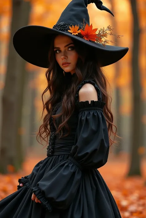 a woman in a black and orange dress and hat standing in a forest, lovely dark autumn princess, fashionable dark witch, gothic maiden anime girl, beautiful witch female, gothic maiden, classical witch, witch fairytale, beautiful autumn spirit, beautiful fem...