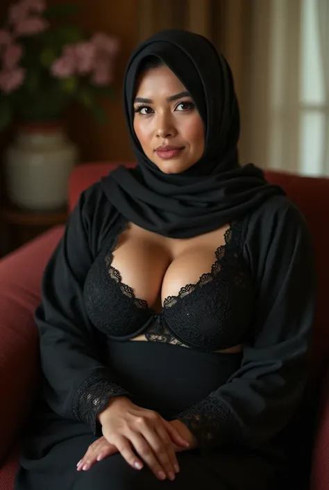 Middle-aged mother , indonesia.  Her body is sexy and sintal . 50 year old .  Wearing hijab .  big boobs,  half her breasts are visible.  her bra is as open as .  is sitting in the living room . 