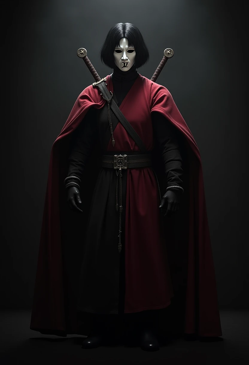 with short black hair,  medieval clothing red black swords on the back, white mask with J 