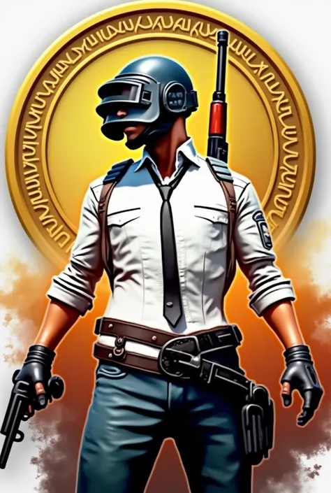 Generate a coin write RK Omar At the top and give the sticker of a PUBG mobile person like the one who is wearing the helmet and white T-shirt and he put the gun in him in his back on the bottom right 2025 generate Gold golden coin